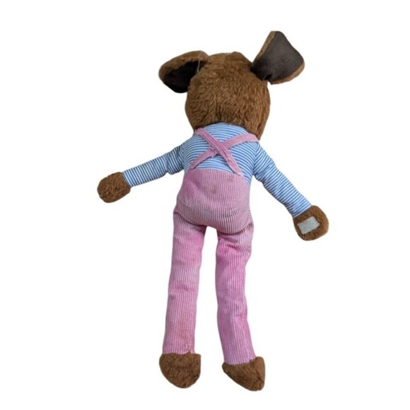 Vintage knee hugger Stuffed Dog Toy Pink Corduroy Overalls & Striped Shirt 15" - Picture 3 of 7